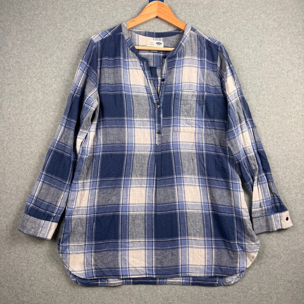 Old Navy Tunic Top Womens Large Blue Plaid Linen Blend Long Sleeve Popover